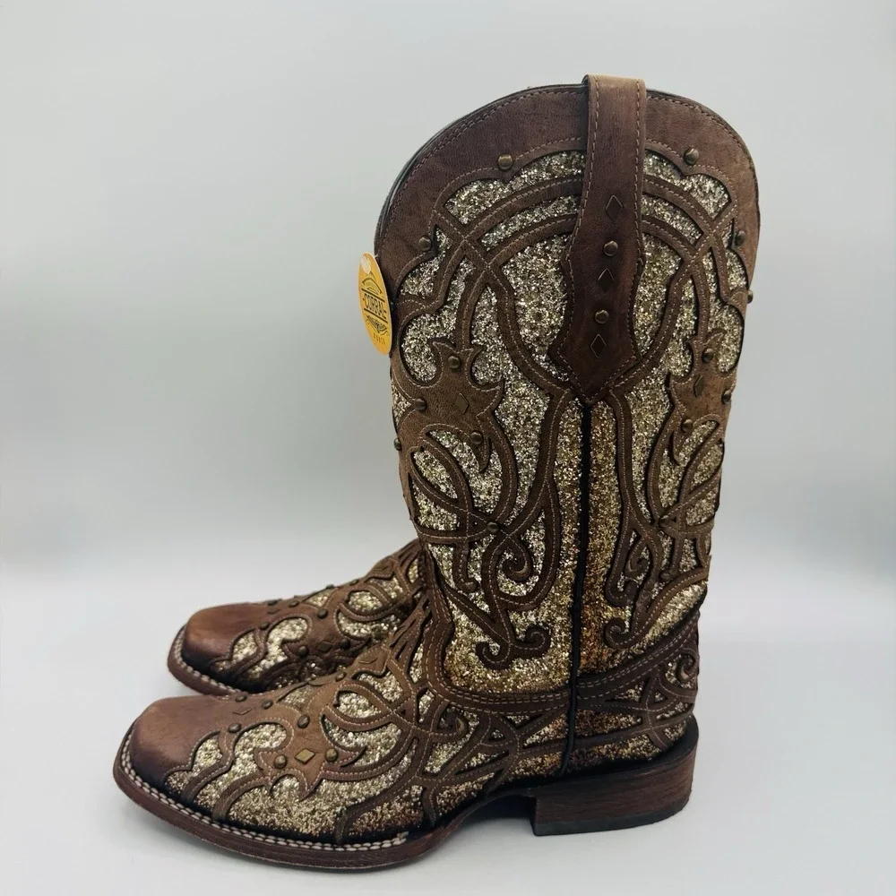 Corral Orix Glitter Inlay‎ Boots Women's Size 11 Brown Leather Gold Studded